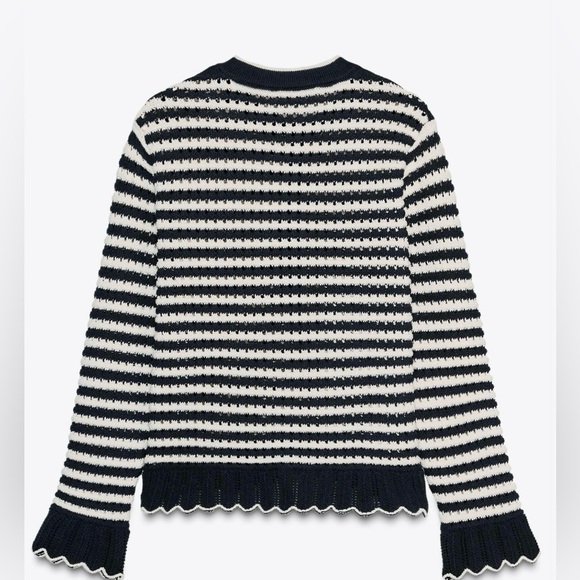 ZARA Navy and White Striped Ruffle Trim Cardigan Sweater - Size L - NEW - Picture 7 of 7
